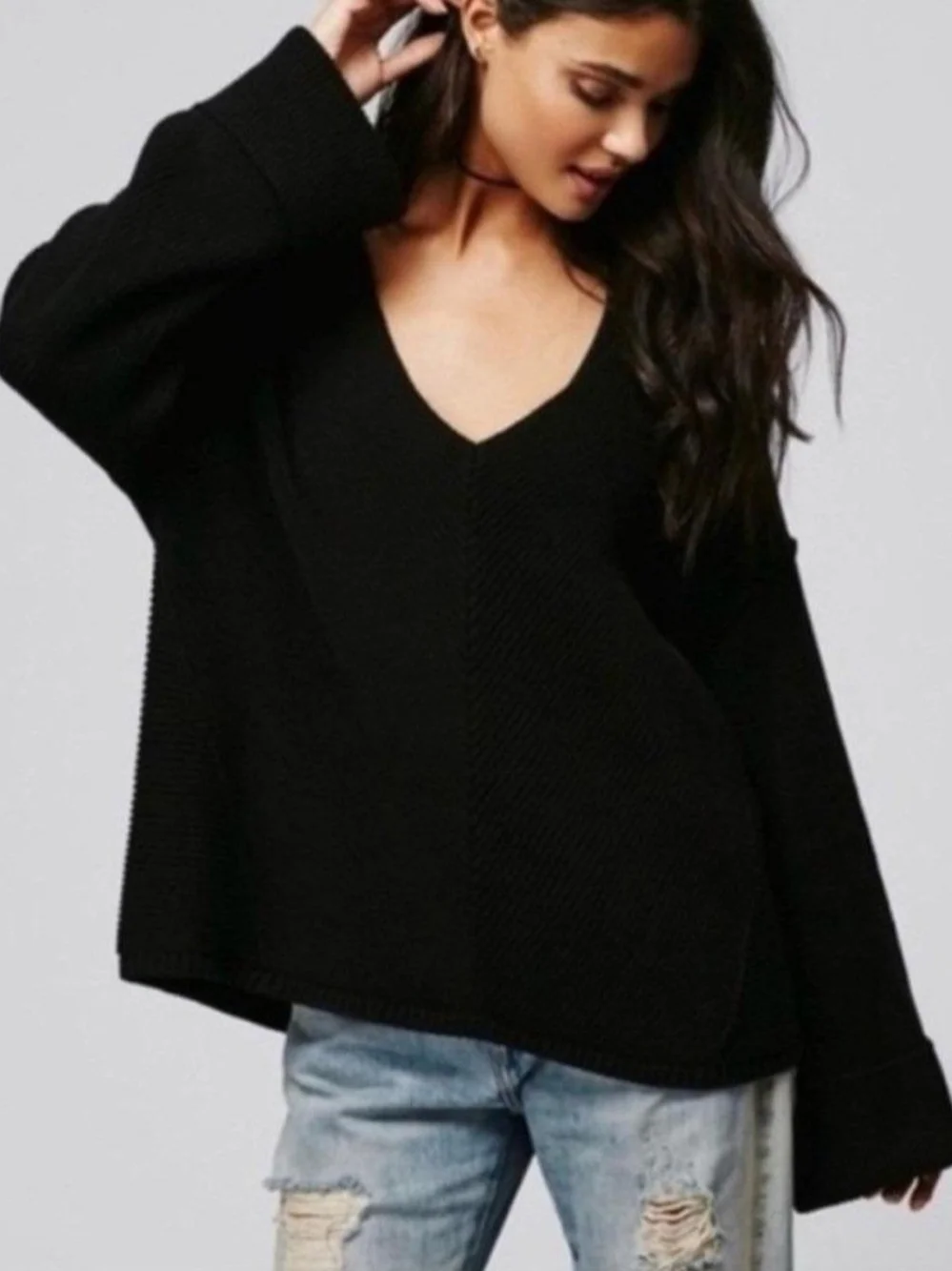 Free People Oversized Black V-Neck Sweater